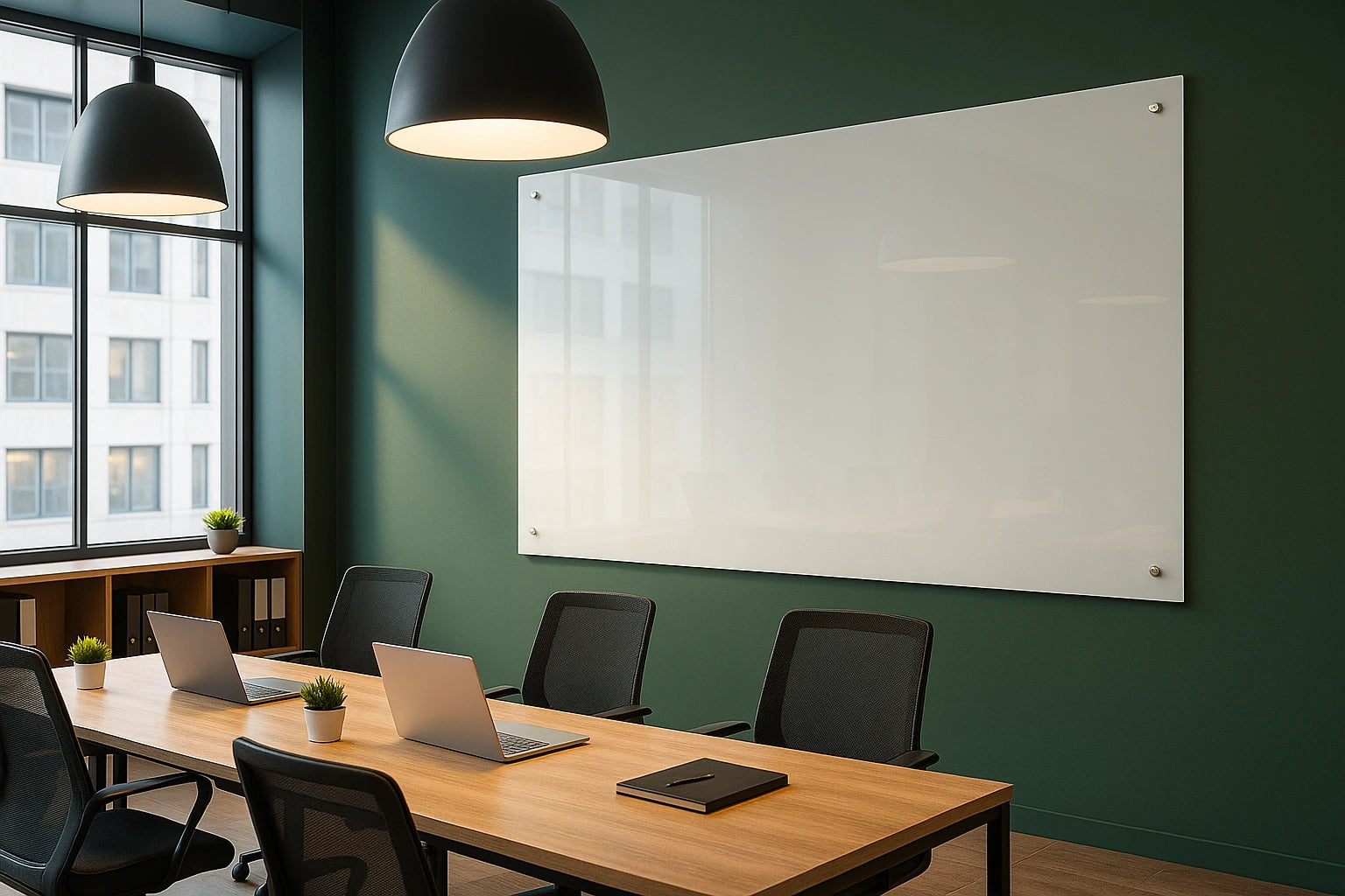 Modern office meeting room with wooden table, chairs, and a glass whiteboard on a green wall.